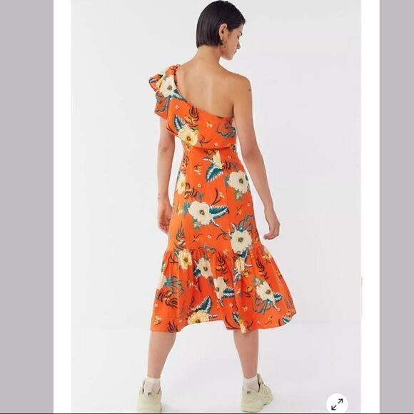 Urban Outfitters Carmen Orange Floral One-Shoulder Midi Dress Size XS - Picture 5 of 9